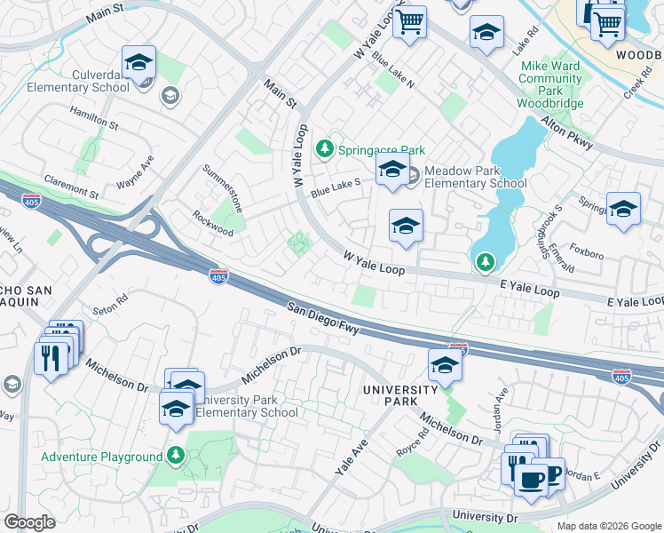 map of restaurants, bars, coffee shops, grocery stores, and more near 47 Weepingwood in Irvine
