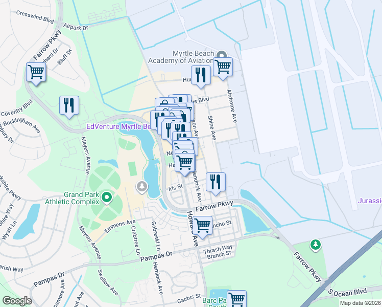 map of restaurants, bars, coffee shops, grocery stores, and more near 1101 Johnson Avenue in Myrtle Beach