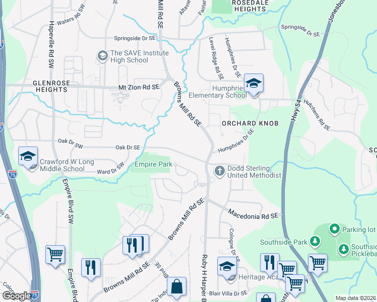 map of restaurants, bars, coffee shops, grocery stores, and more near 352 Oak Drive Southeast in Atlanta