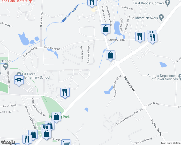 map of restaurants, bars, coffee shops, grocery stores, and more near 2086 Belmont Circle Northeast in Conyers
