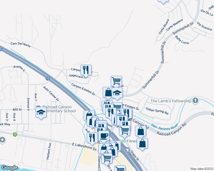 map of restaurants, bars, coffee shops, grocery stores, and more near 31633 Ridgecrest Drive in Lake Elsinore