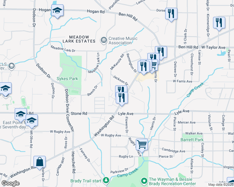 map of restaurants, bars, coffee shops, grocery stores, and more near 3140 McKenzie Road in Atlanta