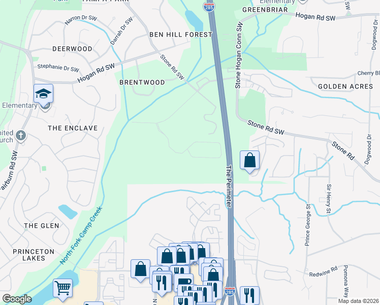 map of restaurants, bars, coffee shops, grocery stores, and more near 3540 N Camp Creek Pkwy SW in Atlanta