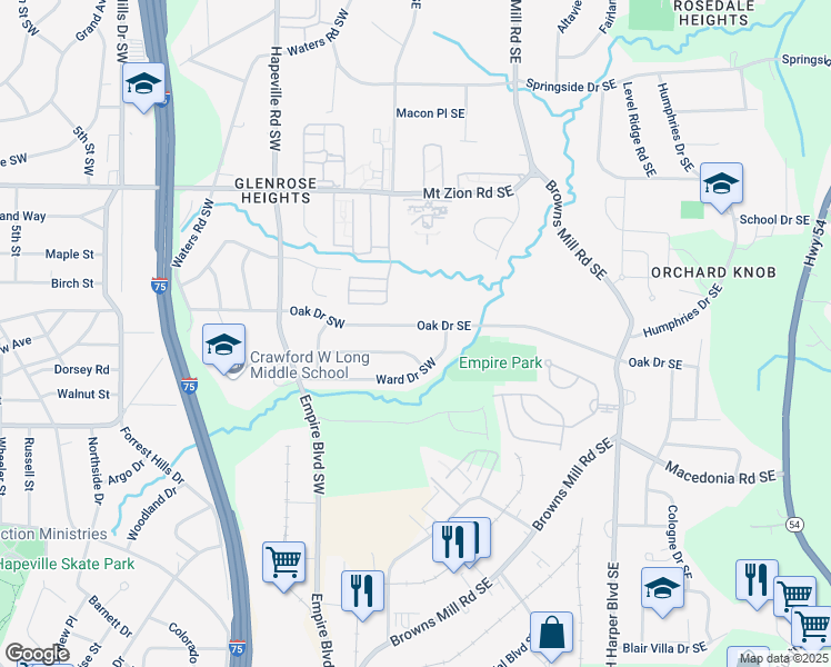 map of restaurants, bars, coffee shops, grocery stores, and more near 183 Oak Drive Southeast in Atlanta
