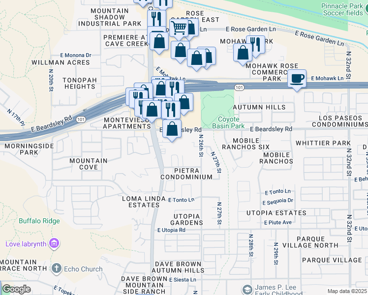 map of restaurants, bars, coffee shops, grocery stores, and more near 2525 East Beardsley Road in Phoenix