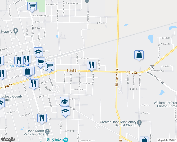 map of restaurants, bars, coffee shops, grocery stores, and more near 907 East 3rd Street in Hope