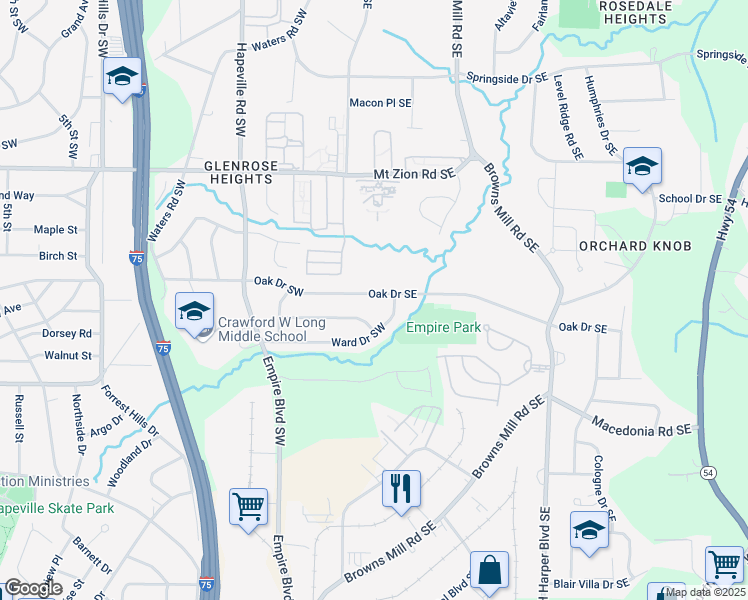map of restaurants, bars, coffee shops, grocery stores, and more near 185 Oak Drive Southeast in Atlanta