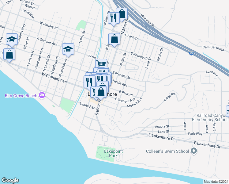 map of restaurants, bars, coffee shops, grocery stores, and more near 208 East Peck Street in Lake Elsinore