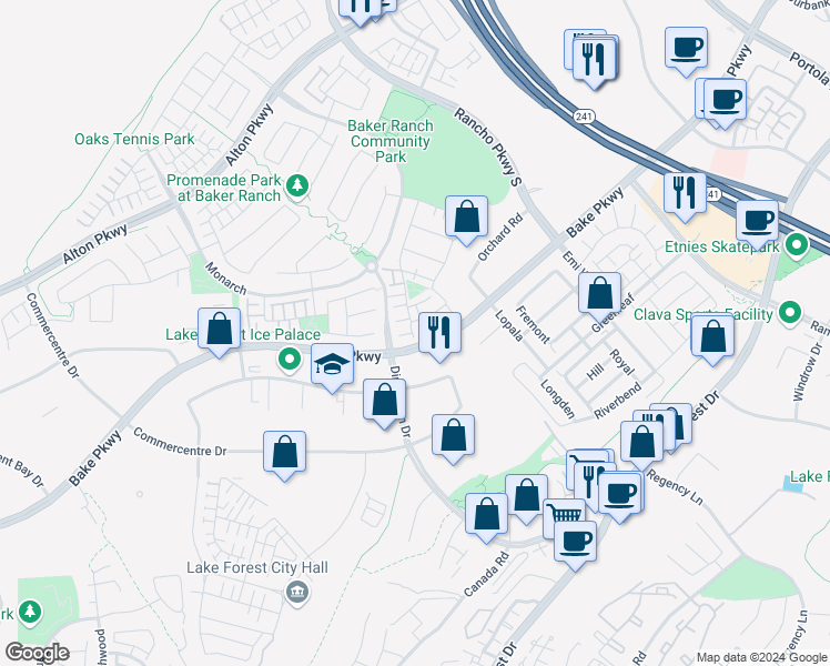map of restaurants, bars, coffee shops, grocery stores, and more near 88 Agave in Lake Forest