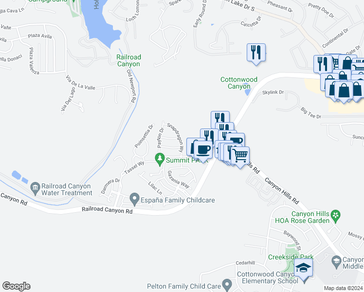 map of restaurants, bars, coffee shops, grocery stores, and more near 24502 Snapdragon Way in Lake Elsinore