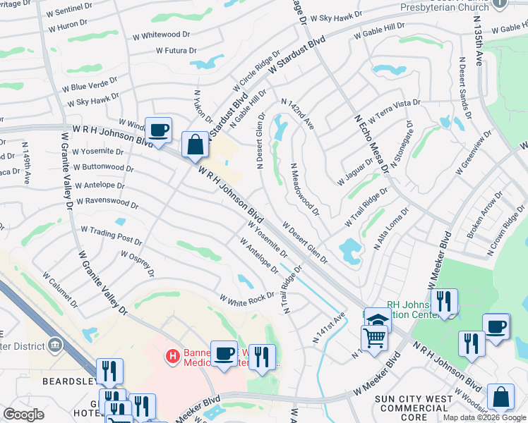 map of restaurants, bars, coffee shops, grocery stores, and more near 20309 North 145th Drive in Sun City West
