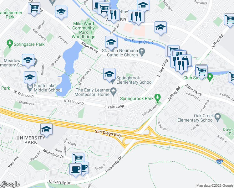 map of restaurants, bars, coffee shops, grocery stores, and more near 655 Springbrook North in Irvine