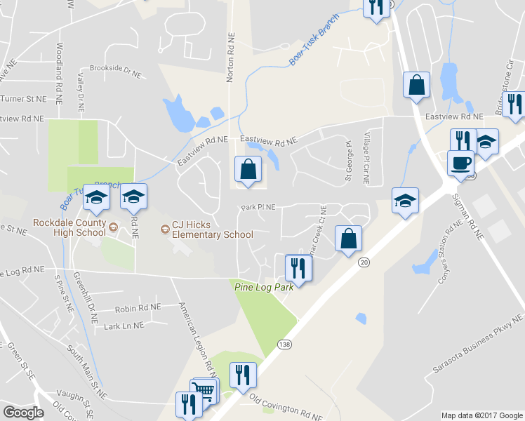 map of restaurants, bars, coffee shops, grocery stores, and more near 905 Park Place Northeast in Conyers