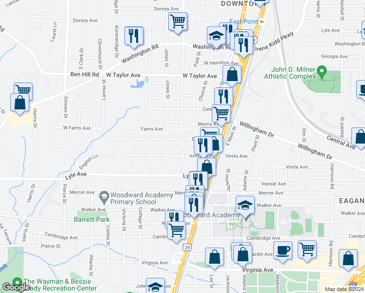 map of restaurants, bars, coffee shops, grocery stores, and more near 3197 Church Street in Atlanta