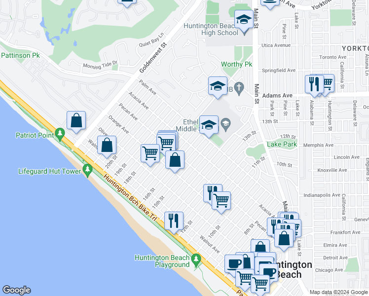 map of restaurants, bars, coffee shops, grocery stores, and more near 517 16th Street in Huntington Beach