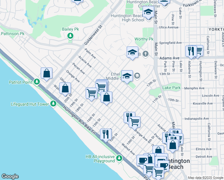 map of restaurants, bars, coffee shops, grocery stores, and more near 517 16th Street in Huntington Beach