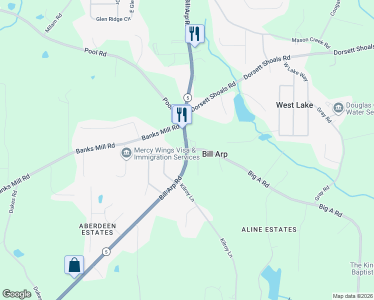 map of restaurants, bars, coffee shops, grocery stores, and more near 5009 Bill Arp Road in Douglasville