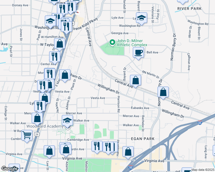 map of restaurants, bars, coffee shops, grocery stores, and more near 3176 Vivian Sykes Street in East Point
