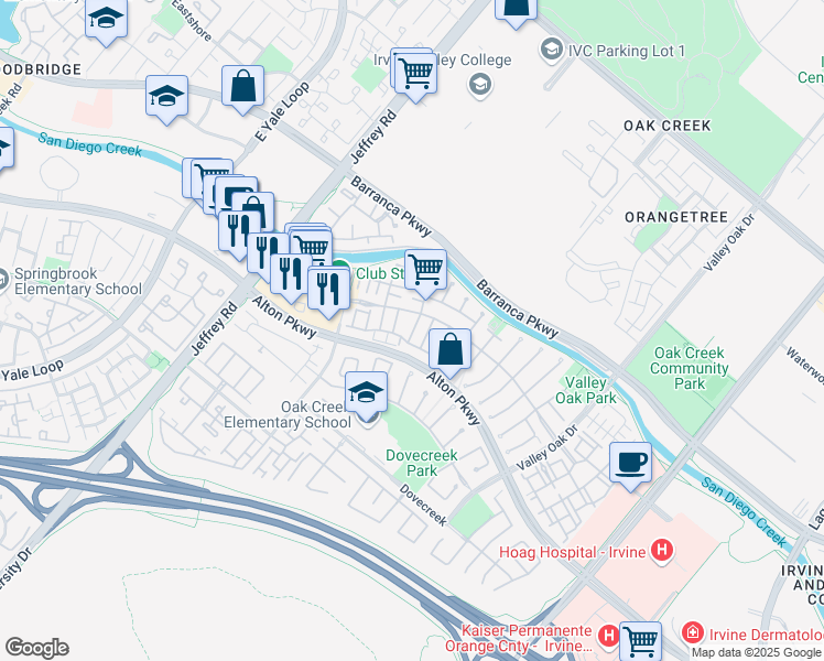 map of restaurants, bars, coffee shops, grocery stores, and more near 1102 Elmhurst in Irvine