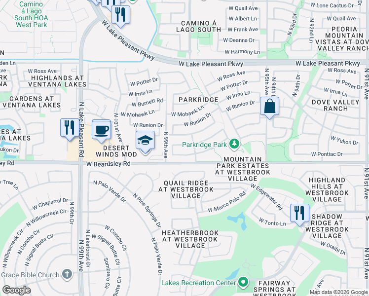 map of restaurants, bars, coffee shops, grocery stores, and more near 9821 West Tonopah Drive in Peoria