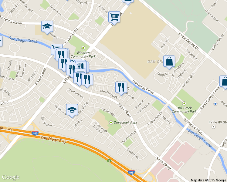 map of restaurants, bars, coffee shops, grocery stores, and more near 24 Periwinkle in Irvine