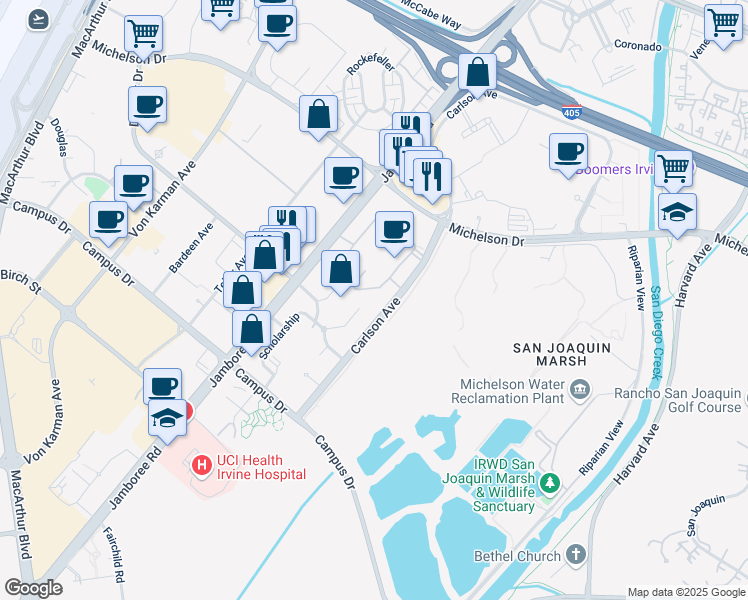 map of restaurants, bars, coffee shops, grocery stores, and more near 30 Palatine in Irvine