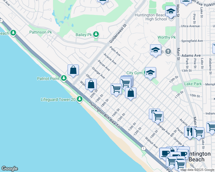 map of restaurants, bars, coffee shops, grocery stores, and more near 325 20th Street in Huntington Beach