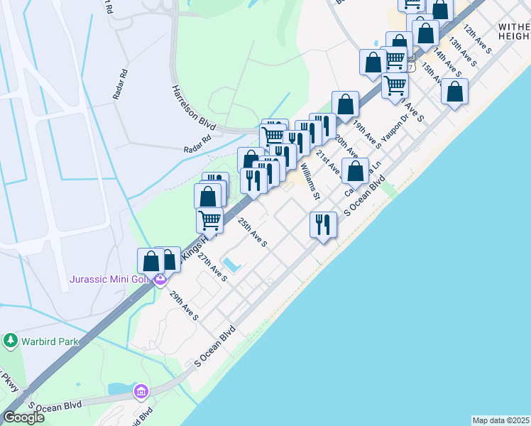 map of restaurants, bars, coffee shops, grocery stores, and more near 2311 South Kings Highway in Myrtle Beach