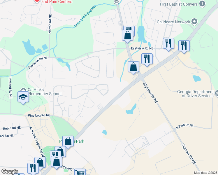 map of restaurants, bars, coffee shops, grocery stores, and more near 2086 Belmont Circle Northeast in Conyers