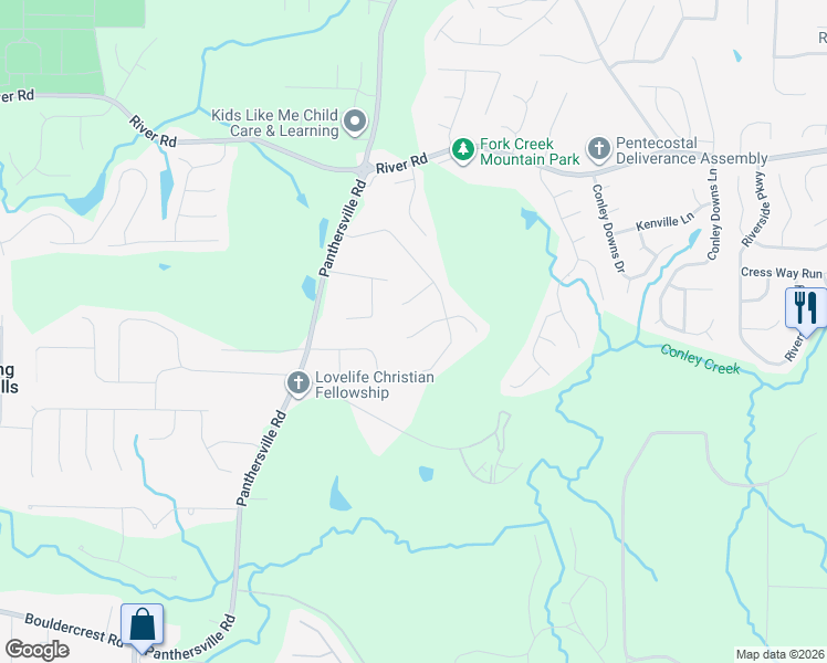 map of restaurants, bars, coffee shops, grocery stores, and more near 3877 Cedar Trace Lane in Ellenwood