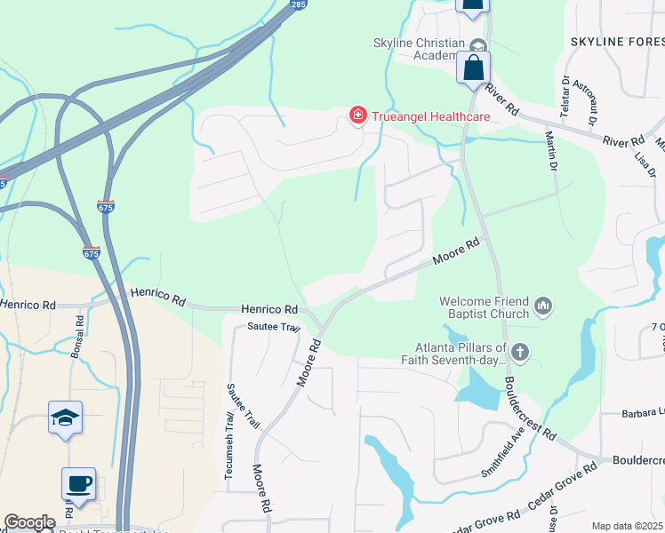 map of restaurants, bars, coffee shops, grocery stores, and more near 3930 West Side Place in Ellenwood