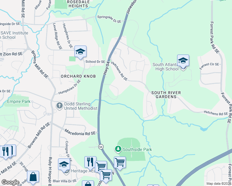 map of restaurants, bars, coffee shops, grocery stores, and more near 3136-3148 Jonesboro Road Southeast in Atlanta