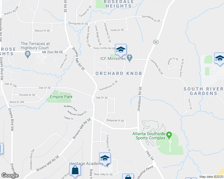 map of restaurants, bars, coffee shops, grocery stores, and more near 3175 Humphries Drive Southeast in Atlanta