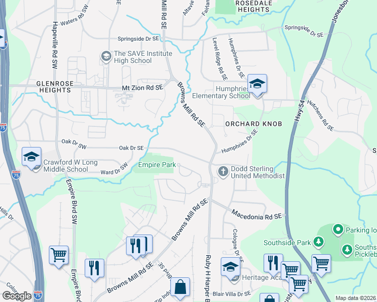 map of restaurants, bars, coffee shops, grocery stores, and more near 324 Oak Drive Southeast in Atlanta