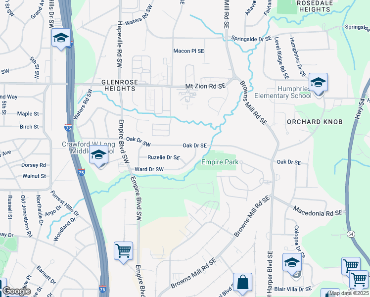 map of restaurants, bars, coffee shops, grocery stores, and more near 185 Oak Drive Southeast in Atlanta