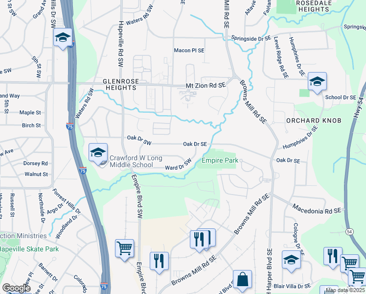 map of restaurants, bars, coffee shops, grocery stores, and more near 183 Oak Drive Southeast in Atlanta