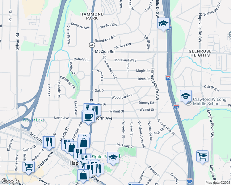 map of restaurants, bars, coffee shops, grocery stores, and more near 3070 Jackson Street in Hapeville