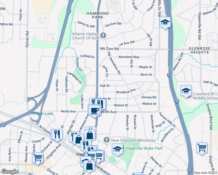 map of restaurants, bars, coffee shops, grocery stores, and more near 554 Oak Drive in Atlanta