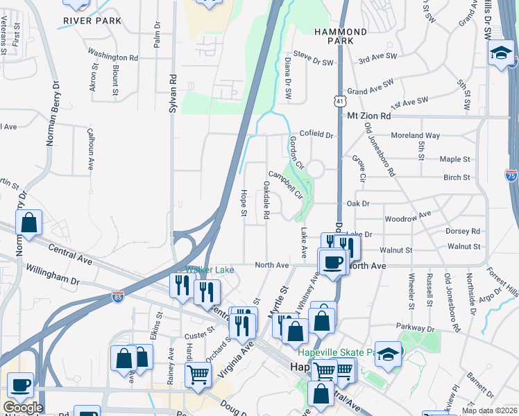 map of restaurants, bars, coffee shops, grocery stores, and more near 3060 Hope Street in Hapeville