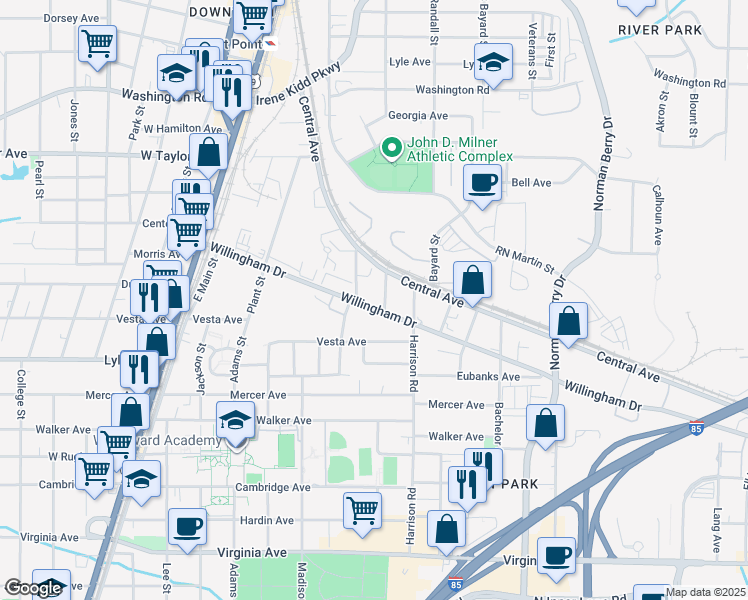 map of restaurants, bars, coffee shops, grocery stores, and more near 3176 Vivian Sykes Street in East Point