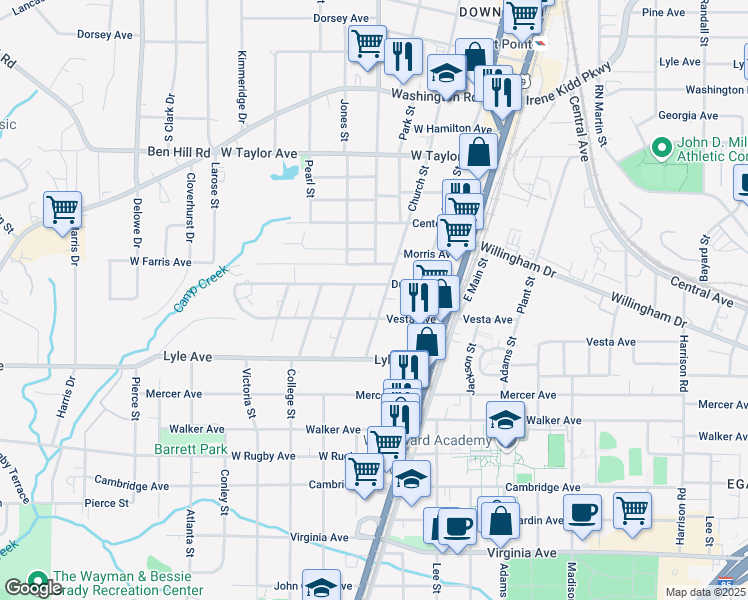 map of restaurants, bars, coffee shops, grocery stores, and more near 3197 Church Street in Atlanta