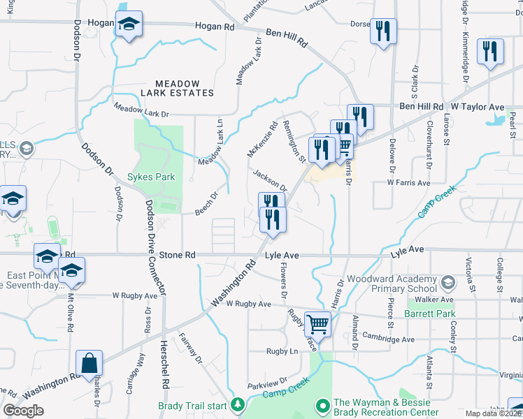 map of restaurants, bars, coffee shops, grocery stores, and more near 3140 McKenzie Road in Atlanta