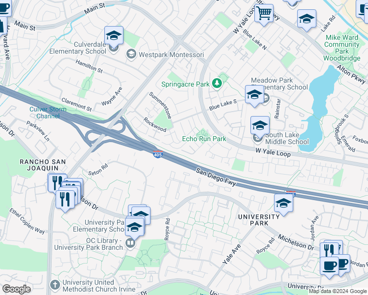 map of restaurants, bars, coffee shops, grocery stores, and more near 150 Echo Run in Irvine