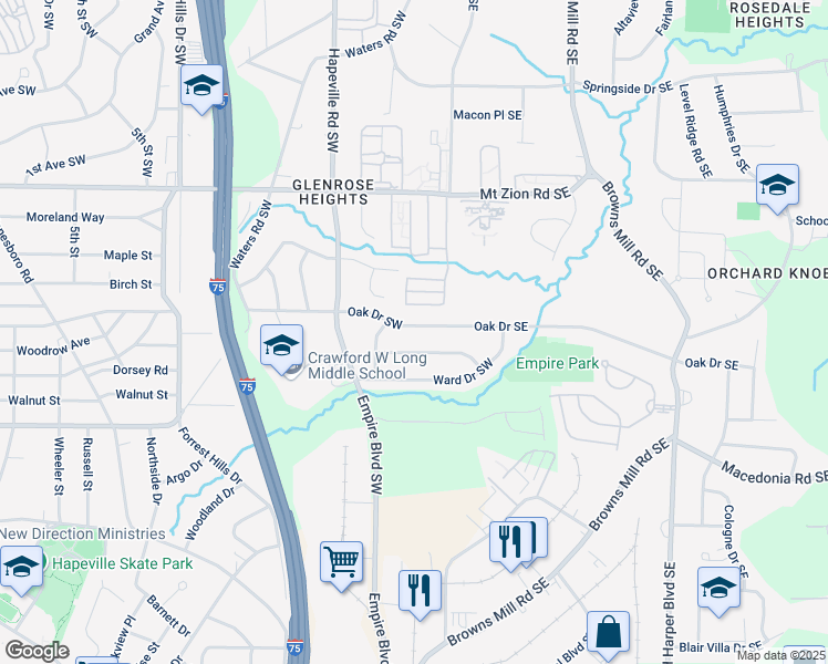 map of restaurants, bars, coffee shops, grocery stores, and more near 145 Oak Drive Southwest in Atlanta