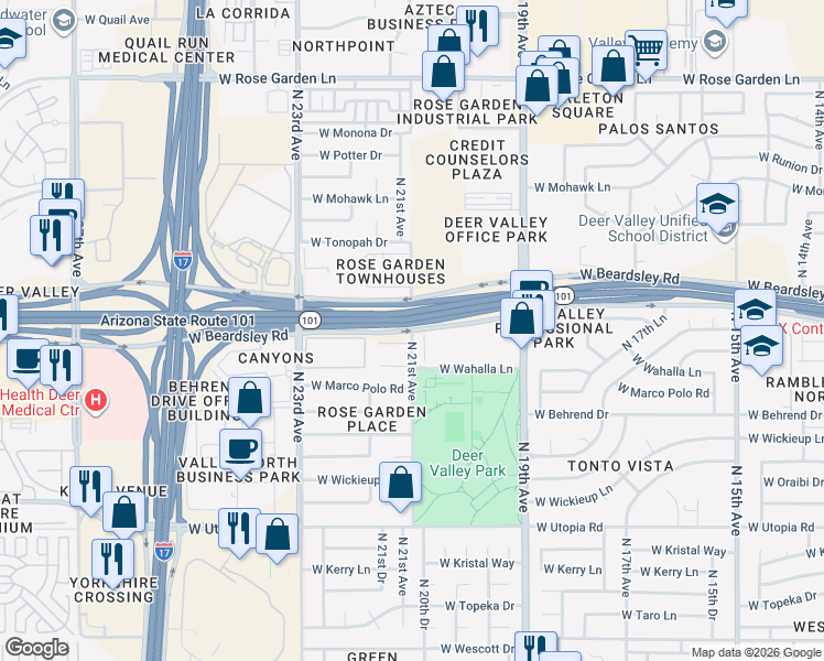 map of restaurants, bars, coffee shops, grocery stores, and more near W Beardsley Rd & N 21st Ave in Phoenix