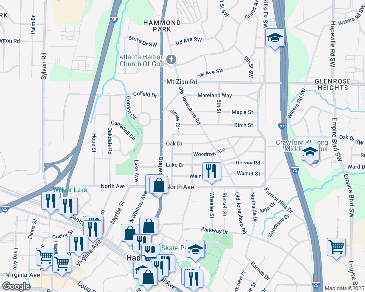 map of restaurants, bars, coffee shops, grocery stores, and more near 554 Oak Drive in Atlanta