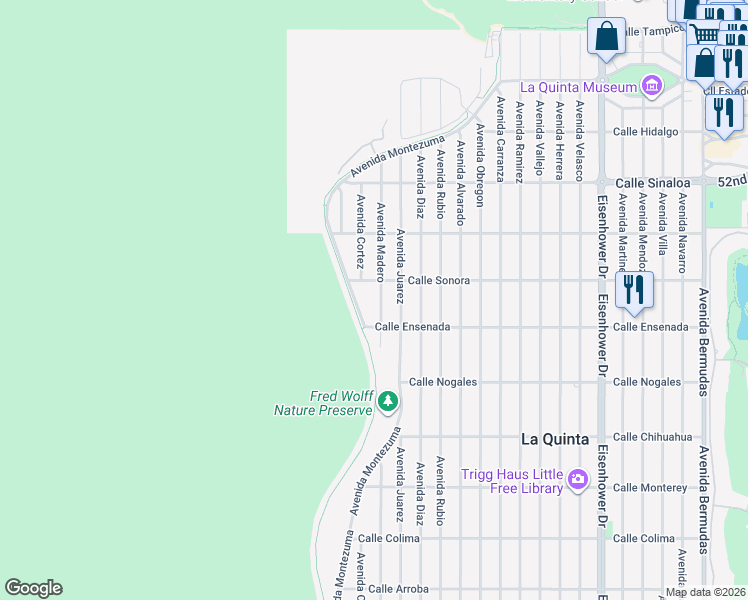 map of restaurants, bars, coffee shops, grocery stores, and more near 77211 Calle Sonora in La Quinta