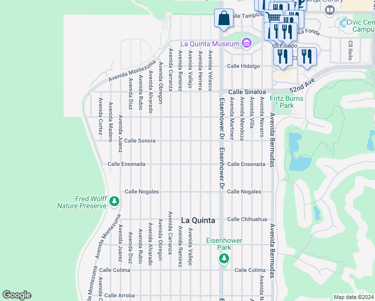 map of restaurants, bars, coffee shops, grocery stores, and more near 52307 Avenue Vallejo in La Quinta