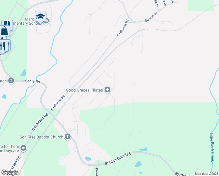 map of restaurants, bars, coffee shops, grocery stores, and more near 85 Ridgefield Lane in Odenville