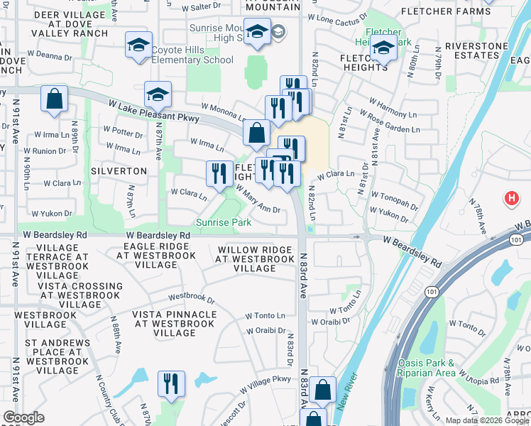 map of restaurants, bars, coffee shops, grocery stores, and more near 8410 West Mary Ann Drive in Peoria
